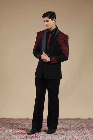 Maroon Motif Embroidered Tuxedo Set