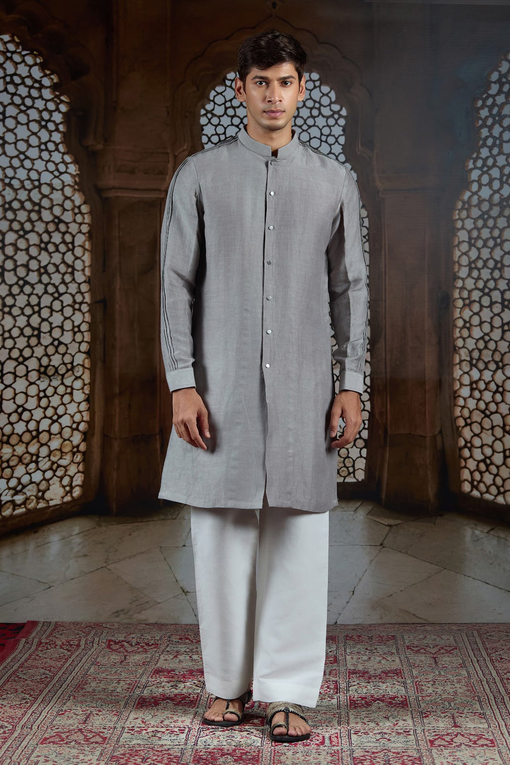 Ash Grey Pintex Silk Kurta