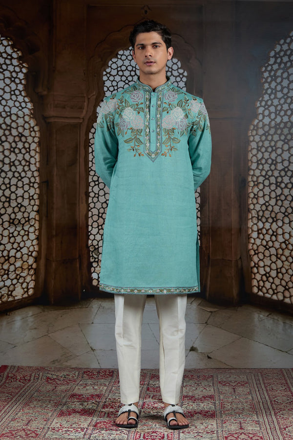 Turquoise Threaded Linen Kurta
