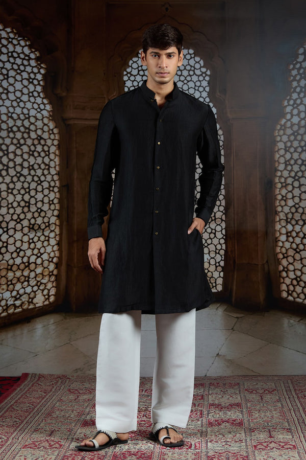 Jet Black Pintex Silk Kurta