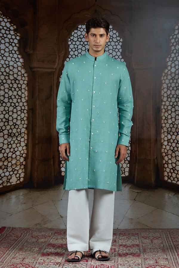 Verve Green – French Knot Linen Kurta