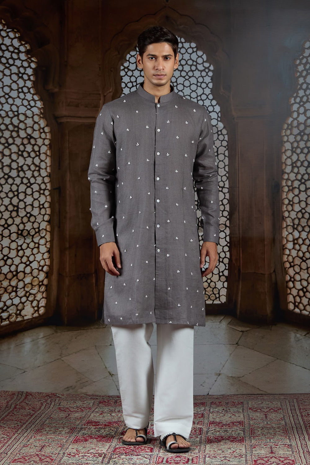 Graphite Bloom – Grey French Knot Kurta