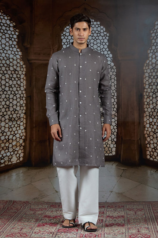 Graphite Bloom – Grey French Knot Kurta