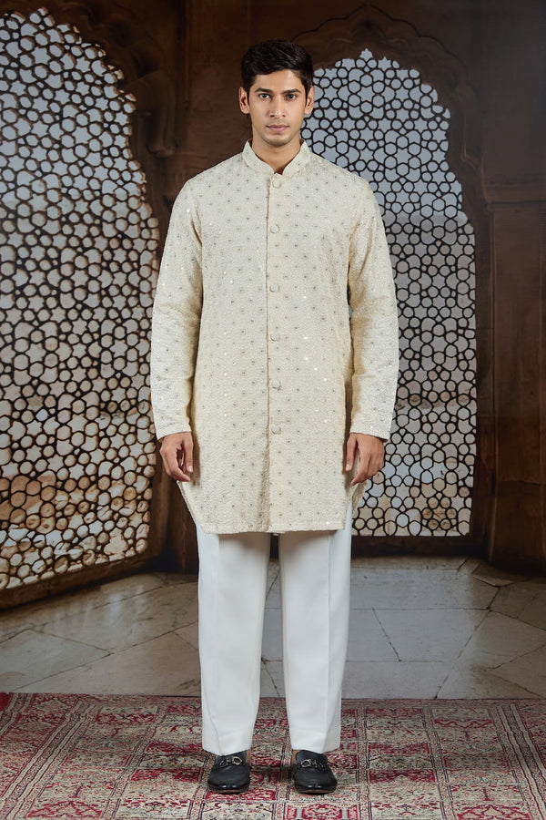 Ivory Resham Embellished Bucket-Cut Kurta