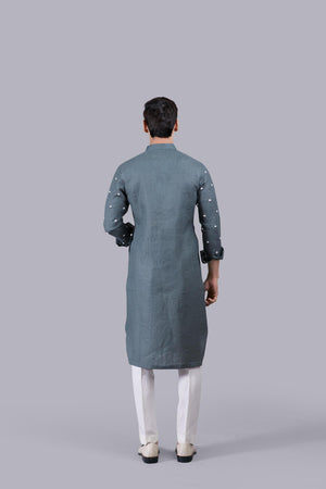 OLIVE GREEN PURE LINEN THREAD WORK KURTA SET