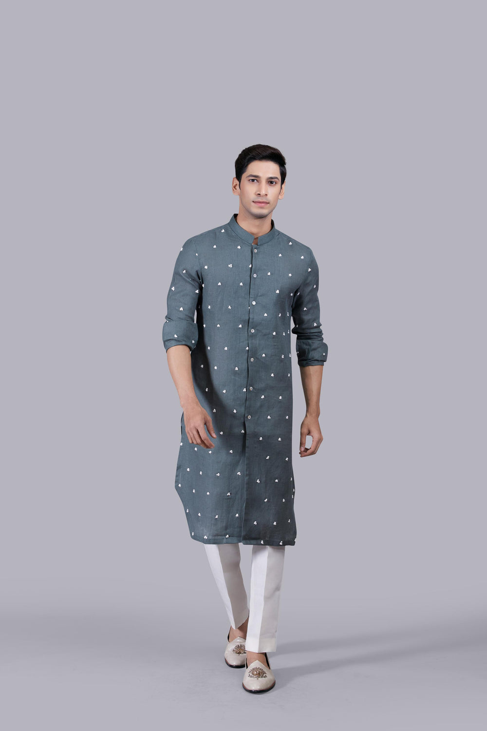 OLIVE GREEN PURE LINEN THREAD WORK KURTA SET