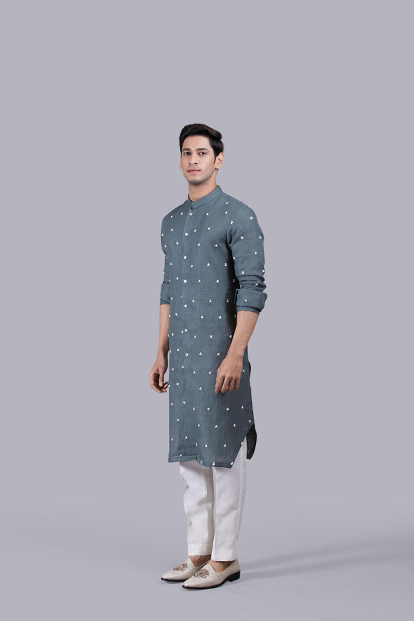 OLIVE GREEN PURE LINEN THREAD WORK KURTA SET