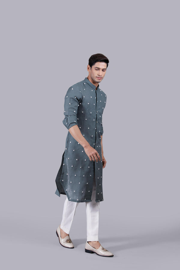 OLIVE GREEN PURE LINEN THREAD WORK KURTA SET