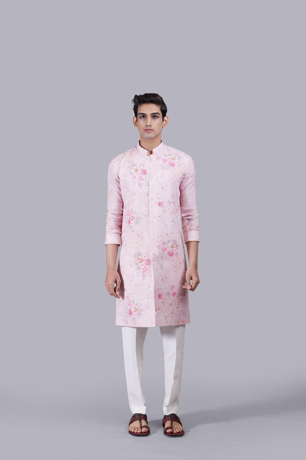 PINK PURE LINEN THREAD WORK KURTA SET