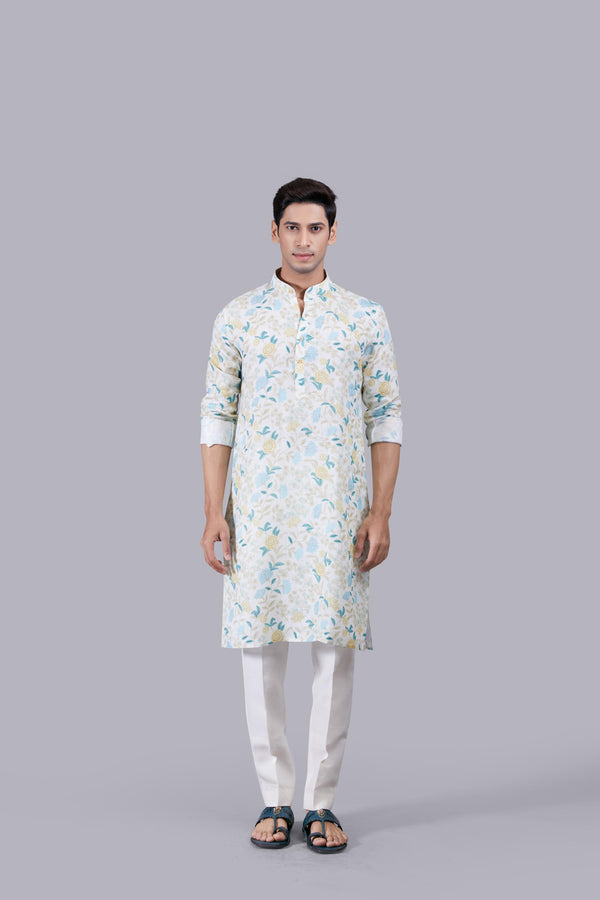 CREAM DIGITAL PRINT LINEN THREAD WORK KURTA SET