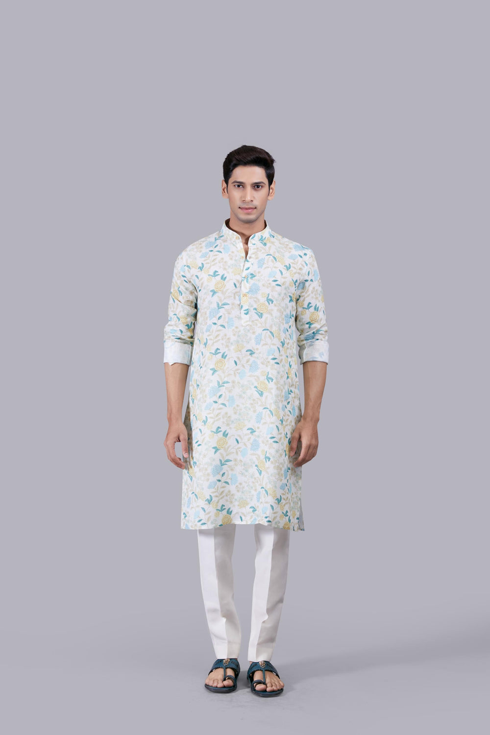 CREAM DIGITAL PRINT LINEN THREAD WORK KURTA