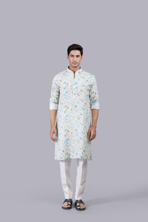 CREAM DIGITAL PRINT LINEN THREAD WORK KURTA