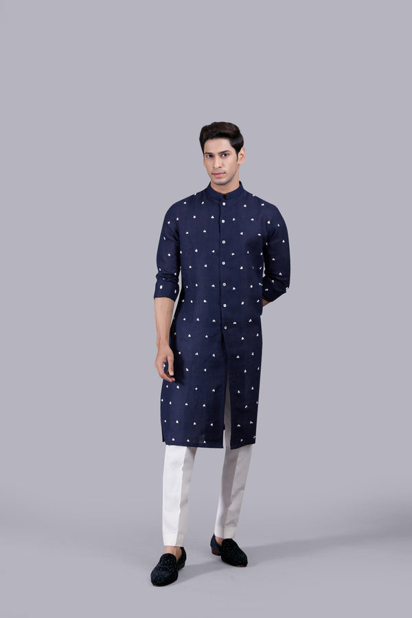 NAVY BLUE PURE LINEN THREAD WORK KURTA SET