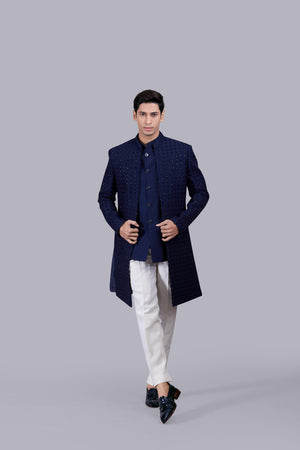 NAVY BLUE COTTON SILK THREAD WORK INDO WESTERN