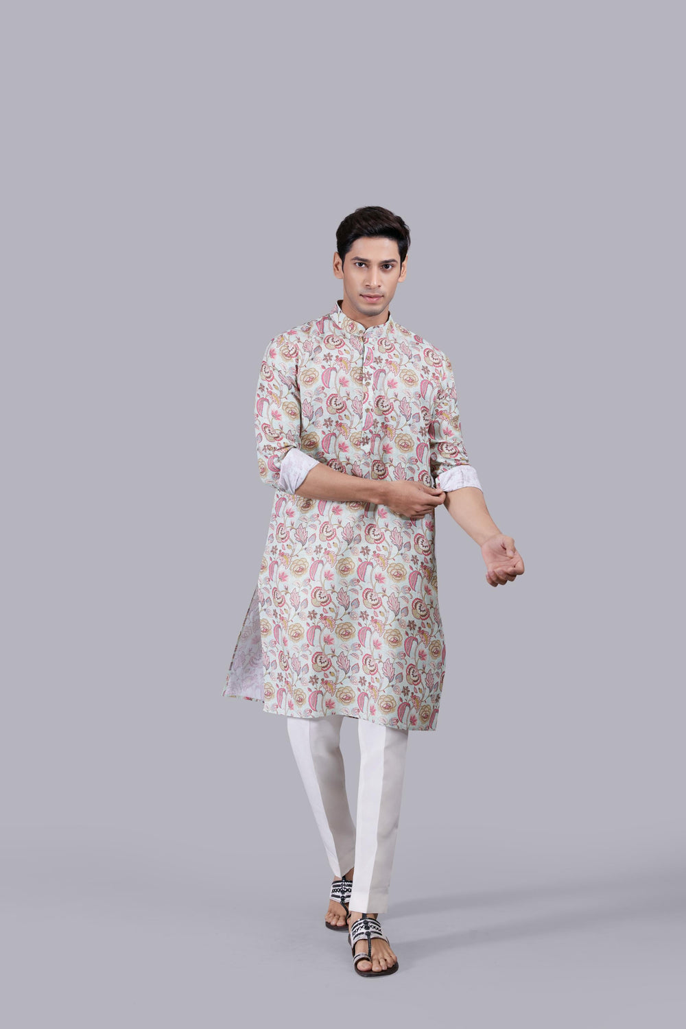 LIGHT PISTA DIGITAL PRINT LINEN THREAD WORK KURTA