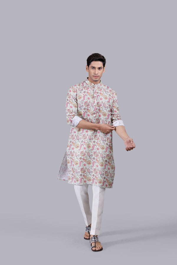 LIGHT PISTA DIGITAL PRINT LINEN THREAD WORK KURTA