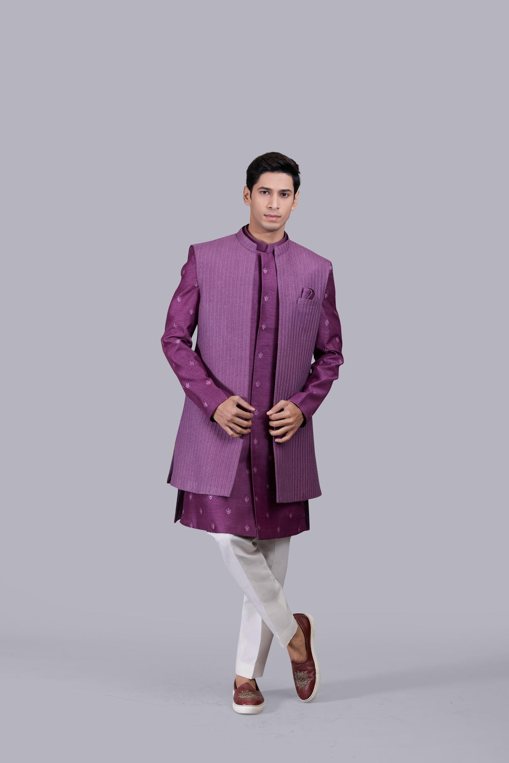 PURPLE BHAGALPURI SILK THREAD WORK INDO WESTERN