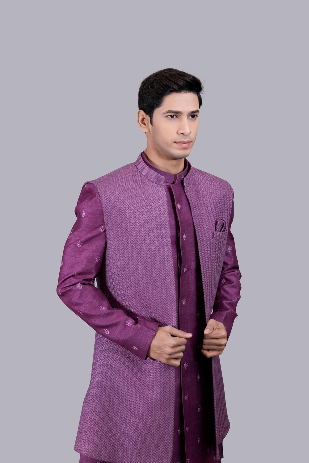 PURPLE BHAGALPURI SILK THREAD WORK INDO WESTERN