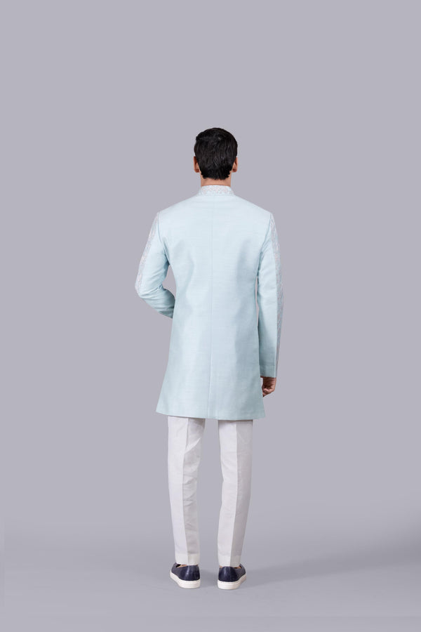 AQUA BLUE PURE SILK HAND JARI WORK INDO WESTERN