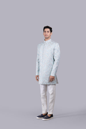 AQUA BLUE PURE SILK HAND JARI WORK INDO WESTERN