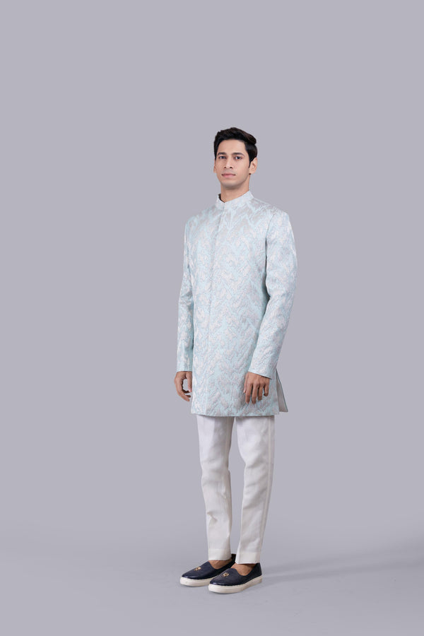 AQUA BLUE PURE SILK HAND JARI WORK INDO WESTERN