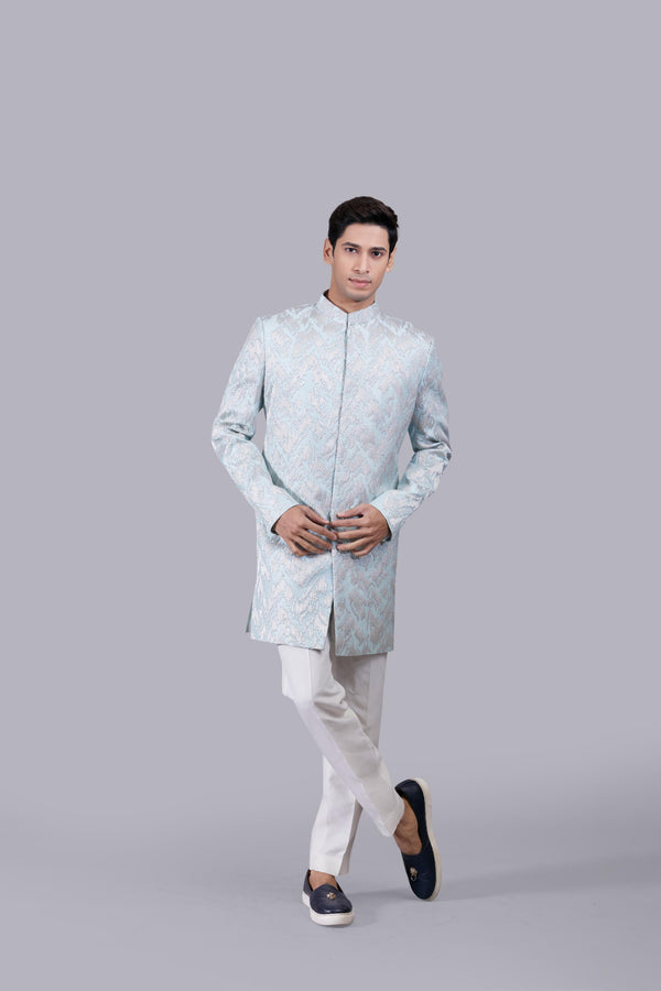 AQUA BLUE PURE SILK HAND JARI WORK INDO WESTERN