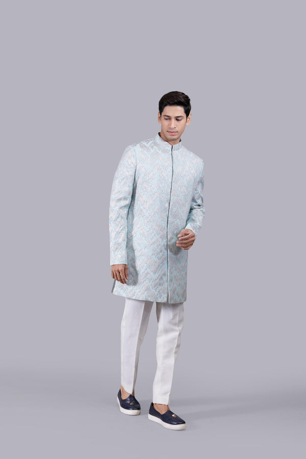 AQUA BLUE PURE SILK HAND JARI WORK INDO WESTERN