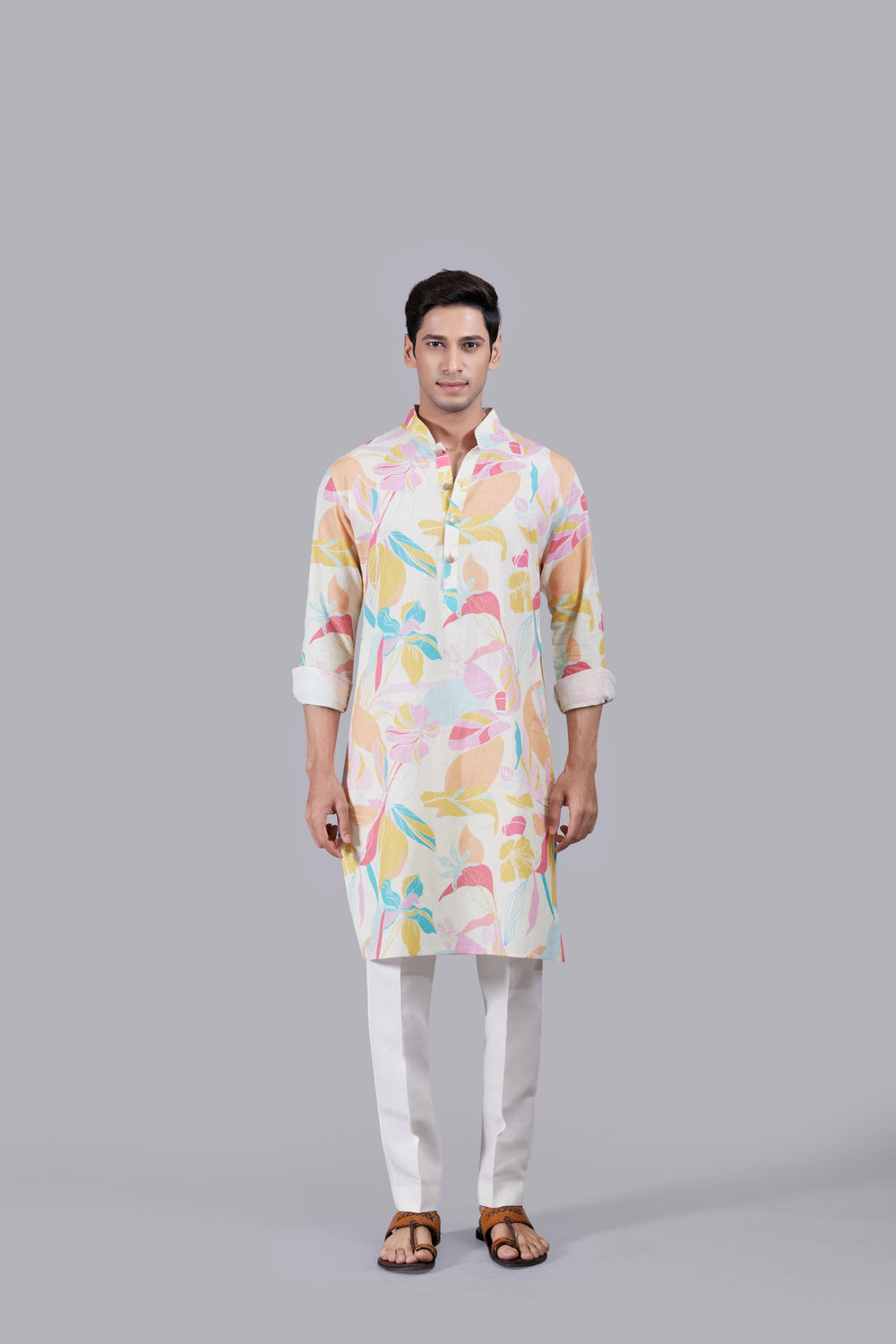 Cream and Multi-colored Digital Print Linen Kurta Set