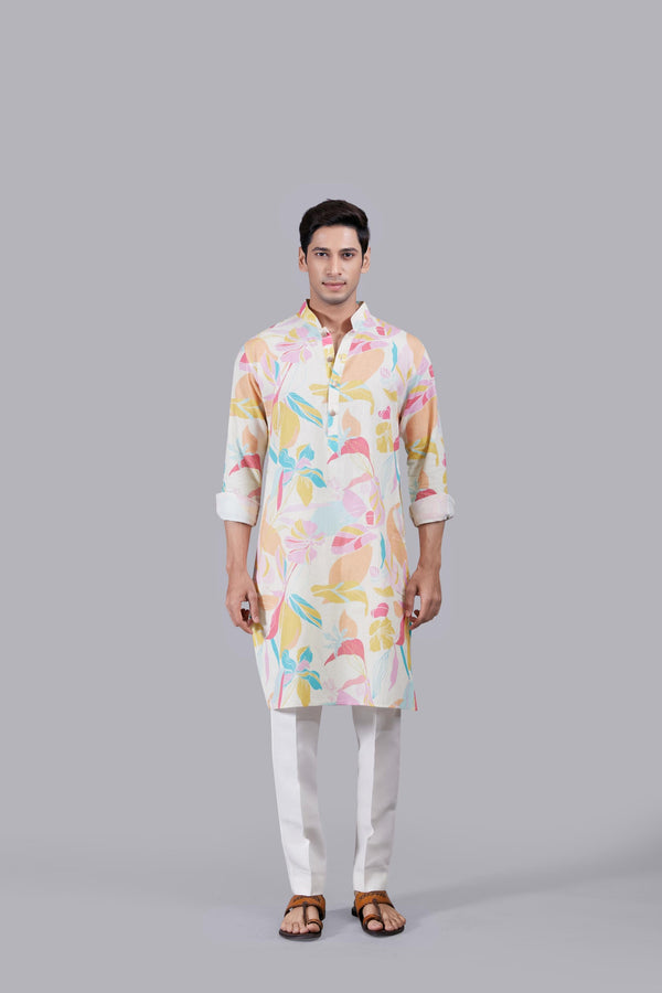 Cream and Multi-colored Digital Print Linen Kurta Set