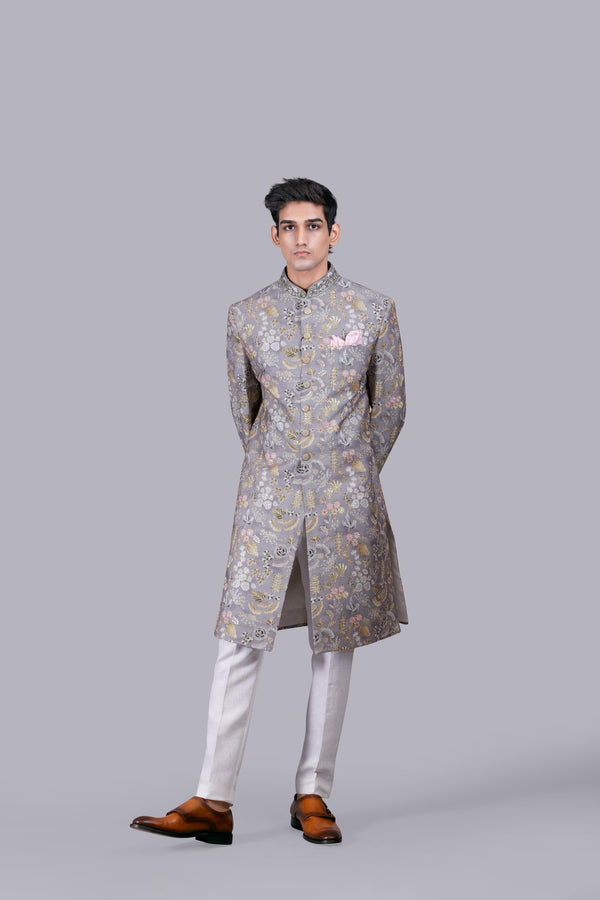 GREY BROCADE SILK THREAD WORK INDO WESTERN