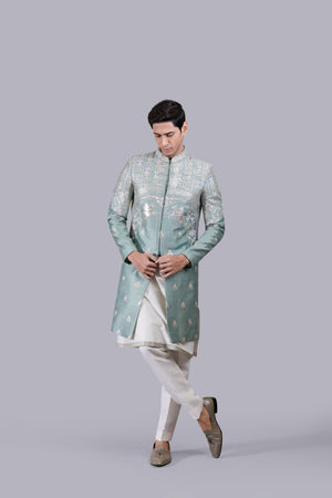 GREEN RAW SILK EMBROIDERY WORK INDO WESTERN