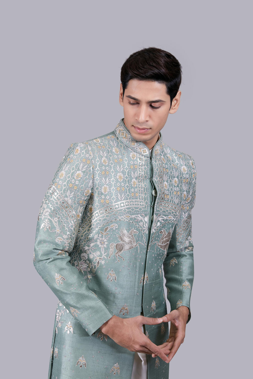 GREEN RAW SILK EMBROIDERY WORK INDO WESTERN