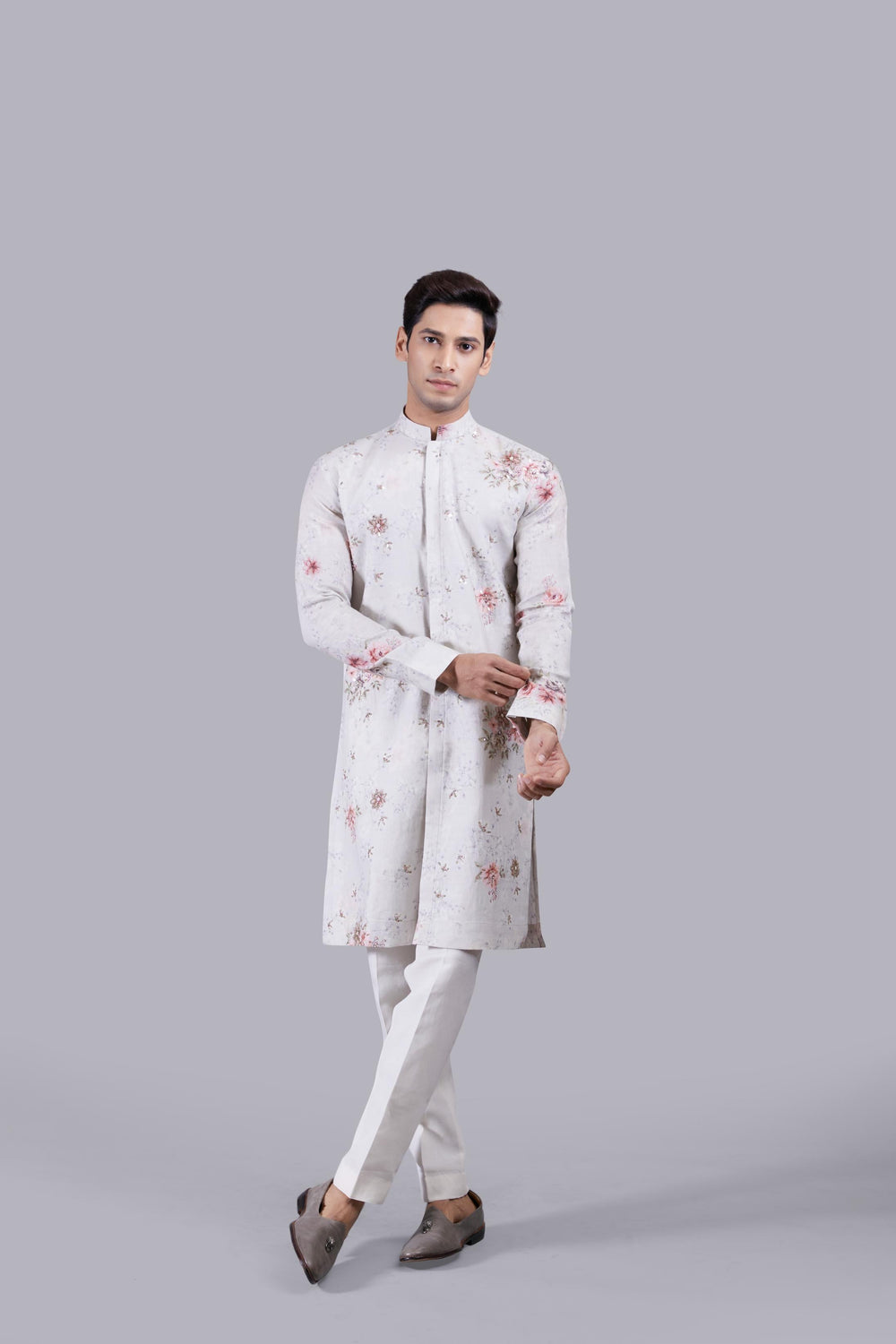 ASH BLUE DIGITAL PRINT LINEN KURTA SET