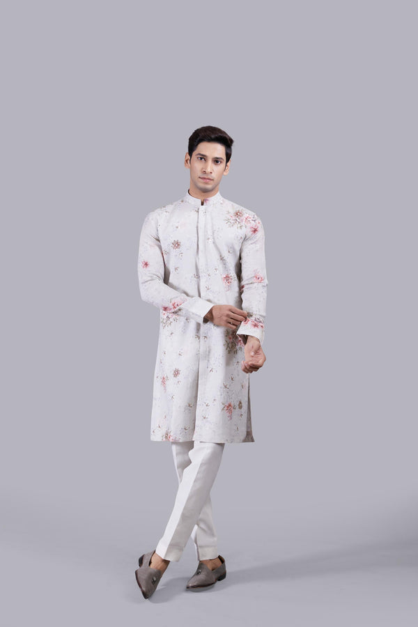 ASH BLUE DIGITAL PRINT LINEN KURTA SET