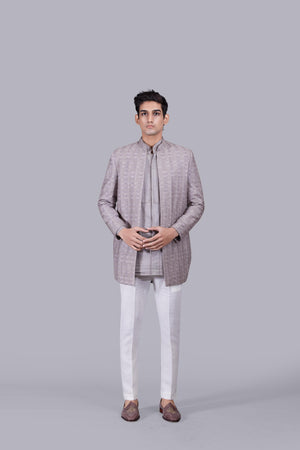 GREY LINEN SILK THREAD WORK INDO WESTERN