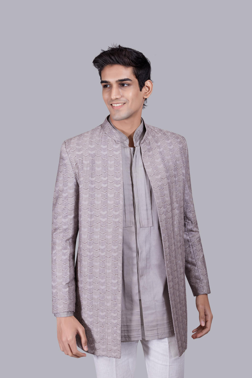 GREY LINEN SILK THREAD WORK INDO WESTERN