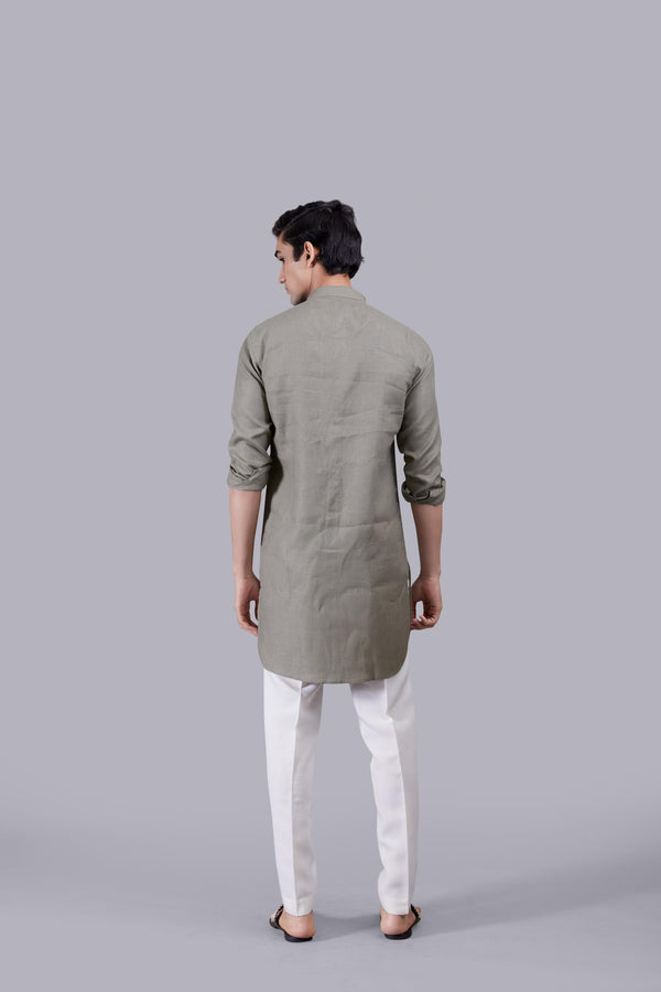 OLIVE GREEN LINEN KURTA SET