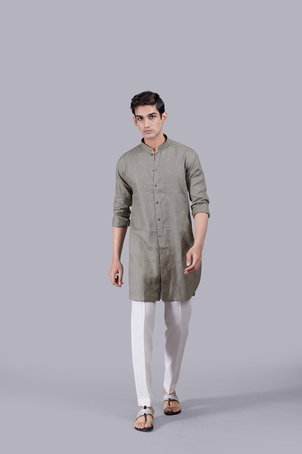 OLIVE GREEN LINEN KURTA SET