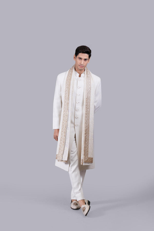 OFF WHITE JUTE LUCKNOWI WORK SHERWANI