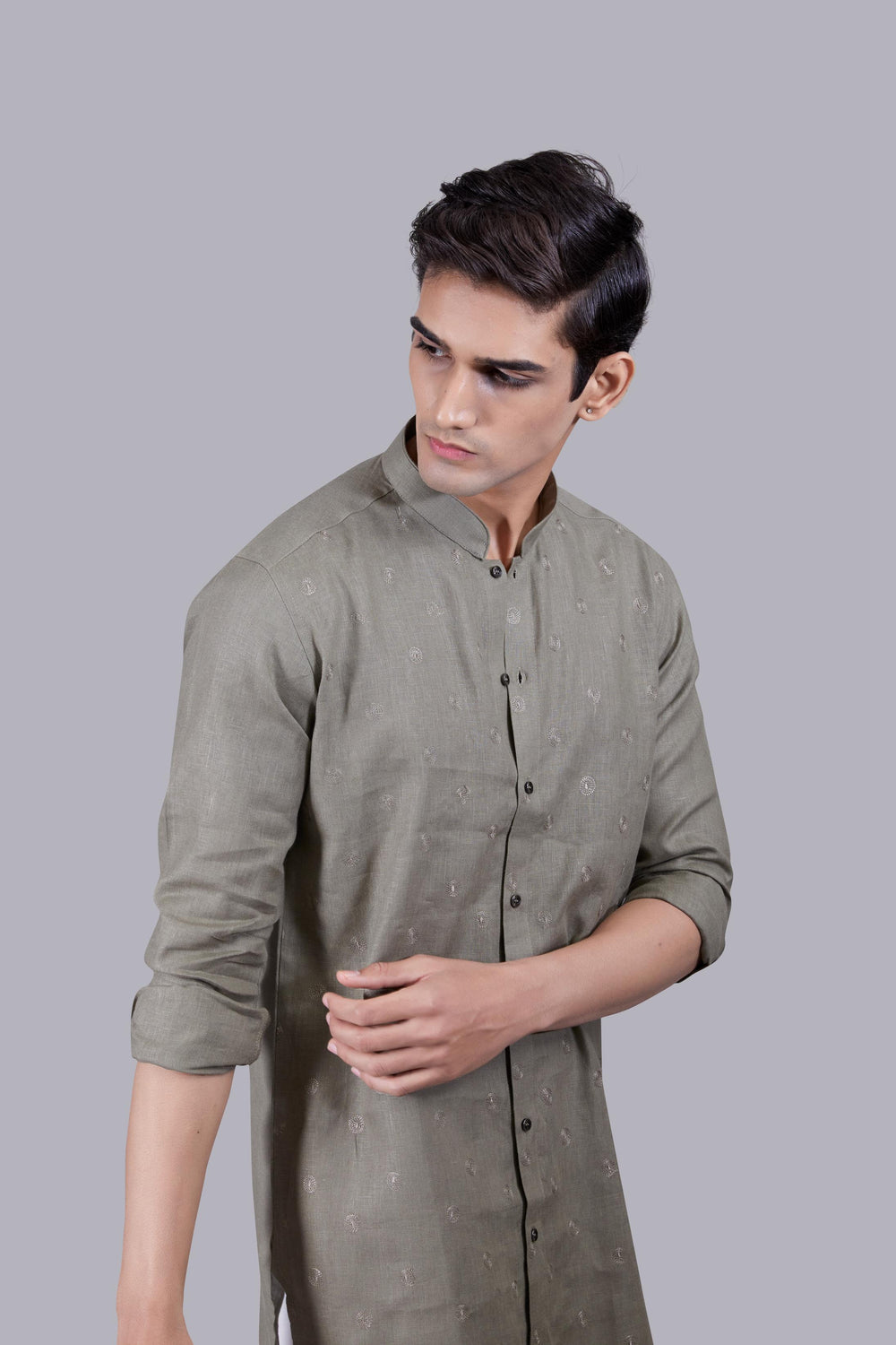 OLIVE GREEN LINEN KURTA SET