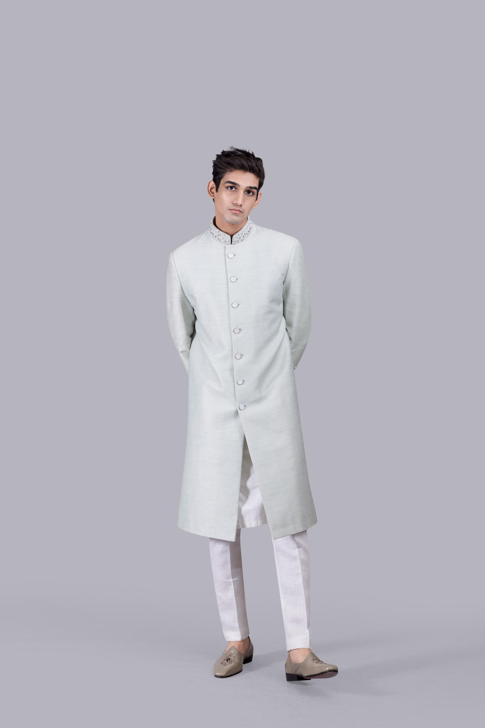 PISTACHIO MUGA SILK THREAD WORK SHERWANI