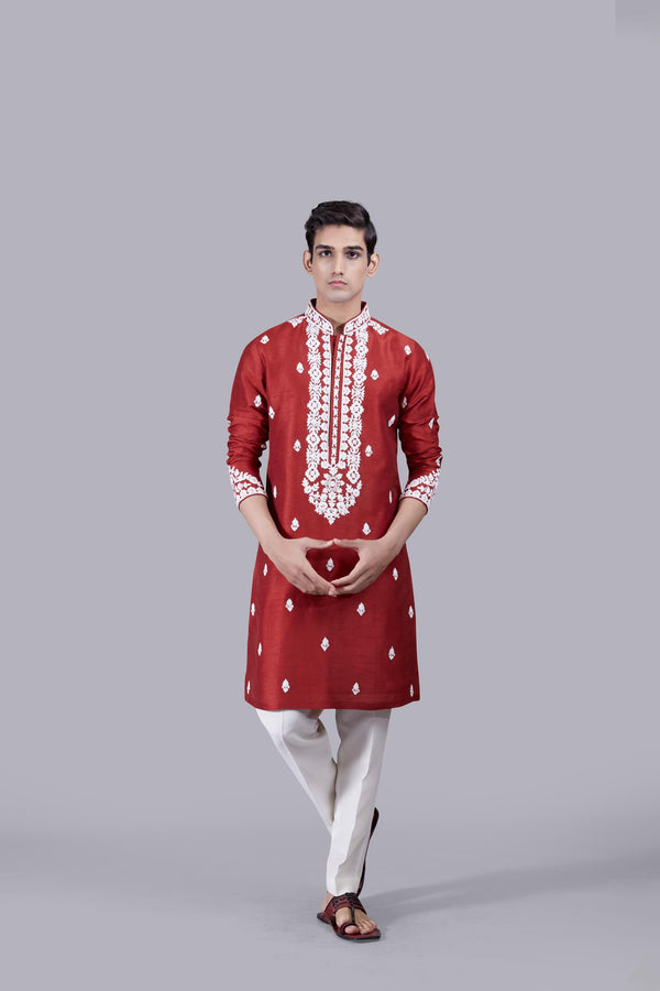 RED RAW SILK KURTA SET