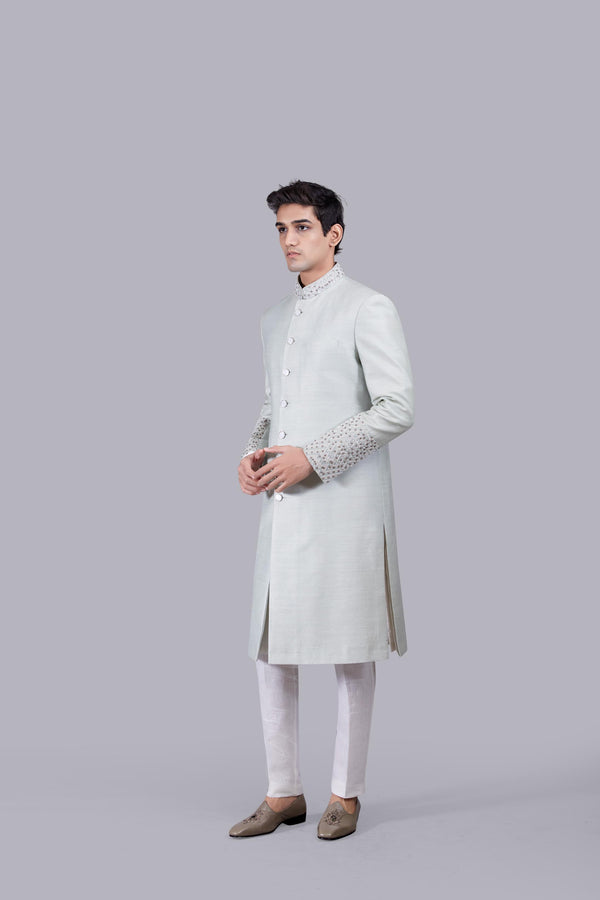 PISTACHIO MUGA SILK THREAD WORK SHERWANI