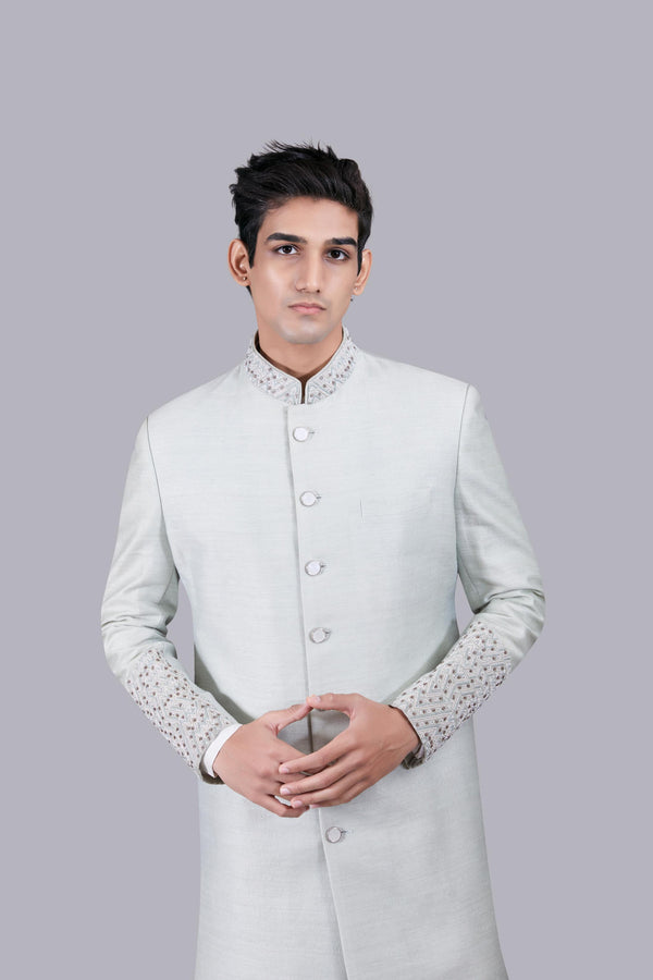 PISTACHIO MUGA SILK THREAD WORK SHERWANI