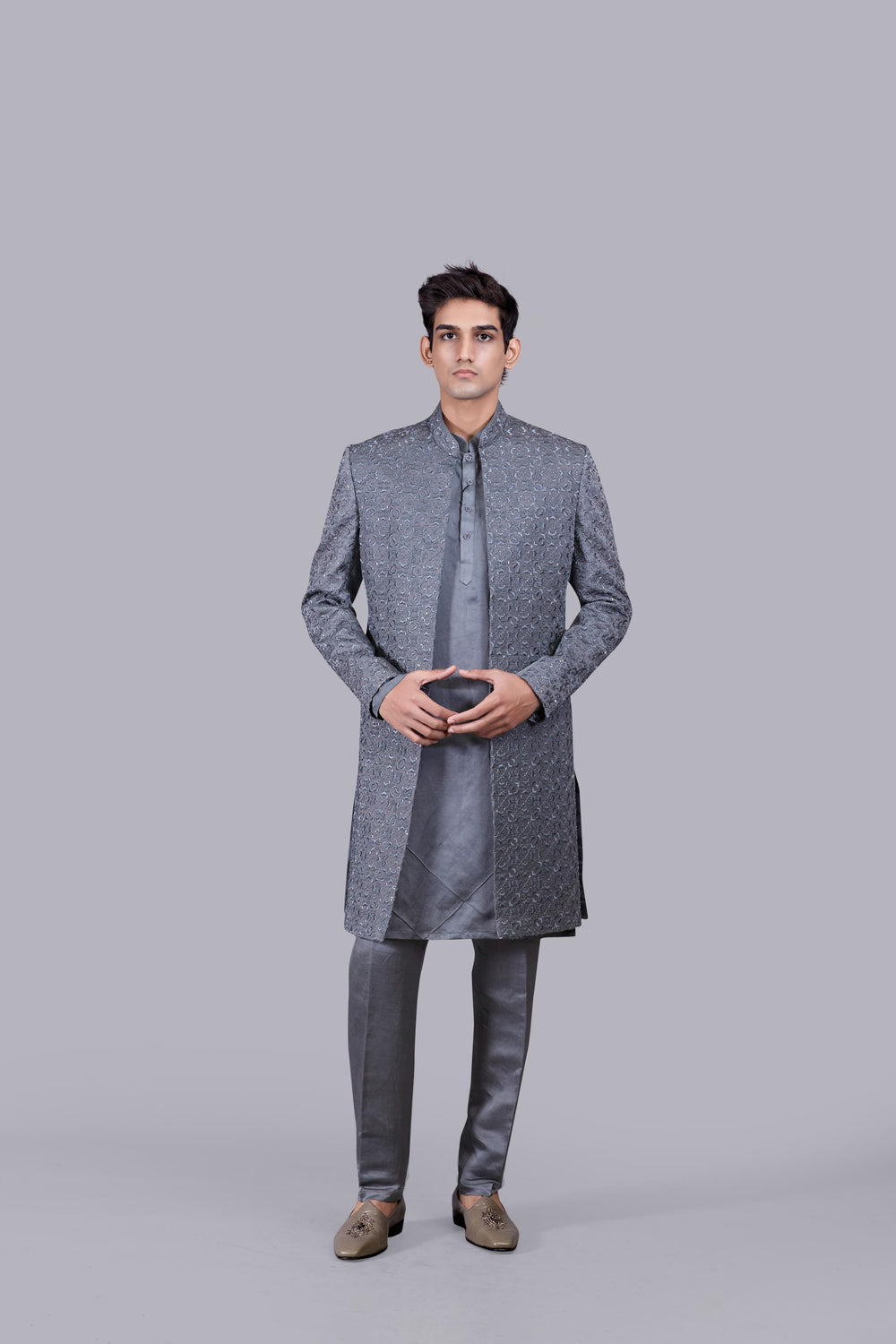 GREY LINEN SILK CUTDANA WORK INDO WESTERN