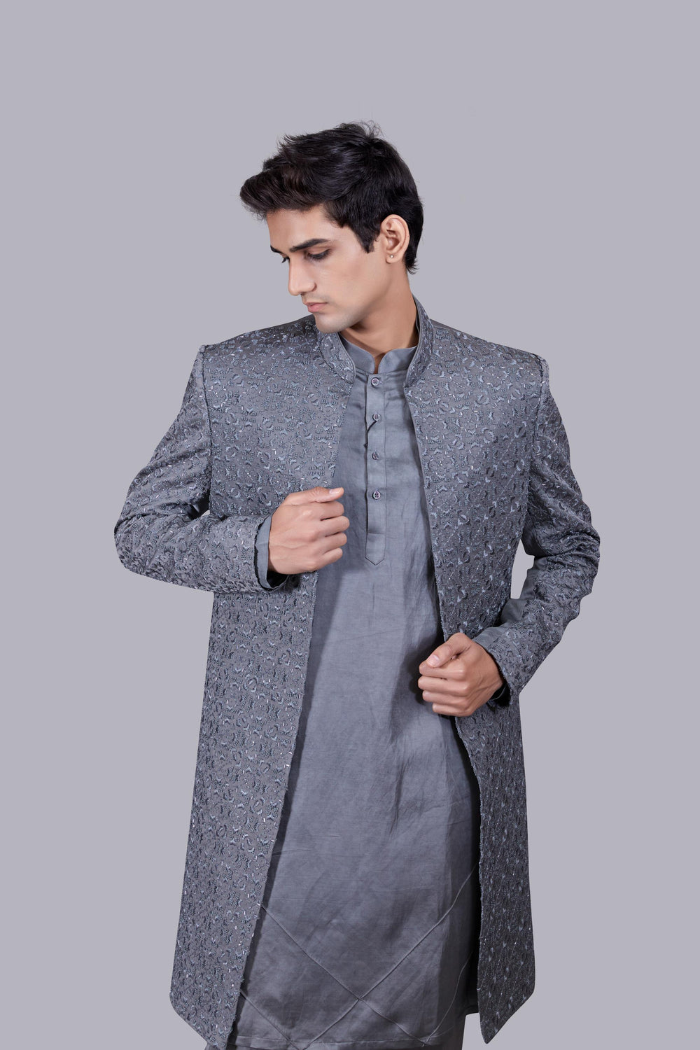 GREY LINEN SILK CUTDANA WORK INDO WESTERN