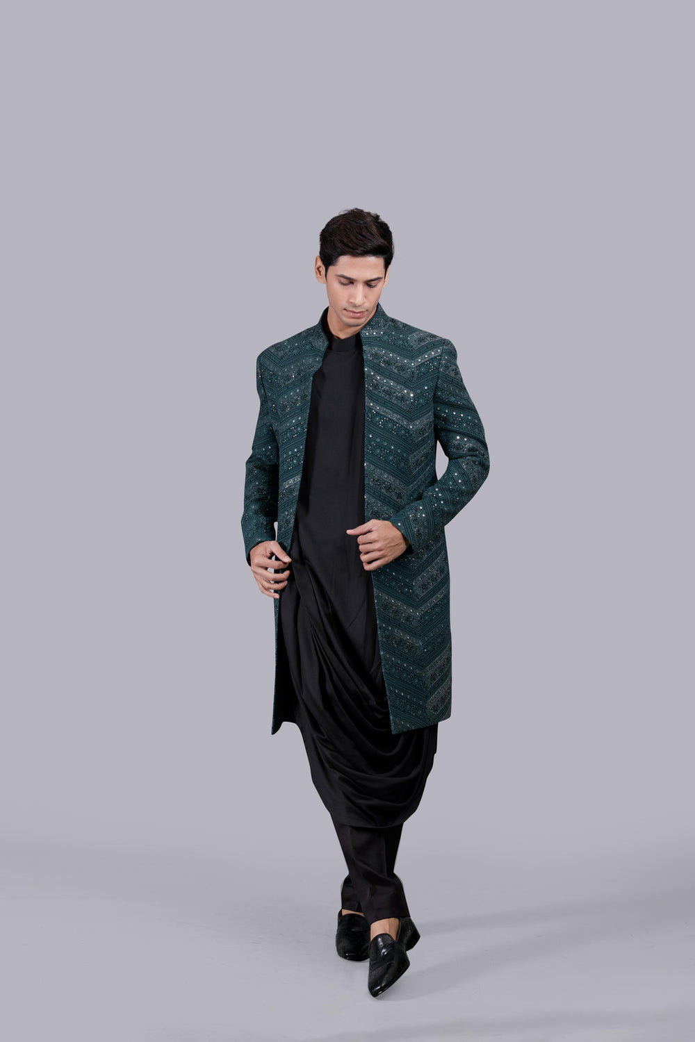 GREEN MODAL SILK THREAD WORK INDO WESTERN