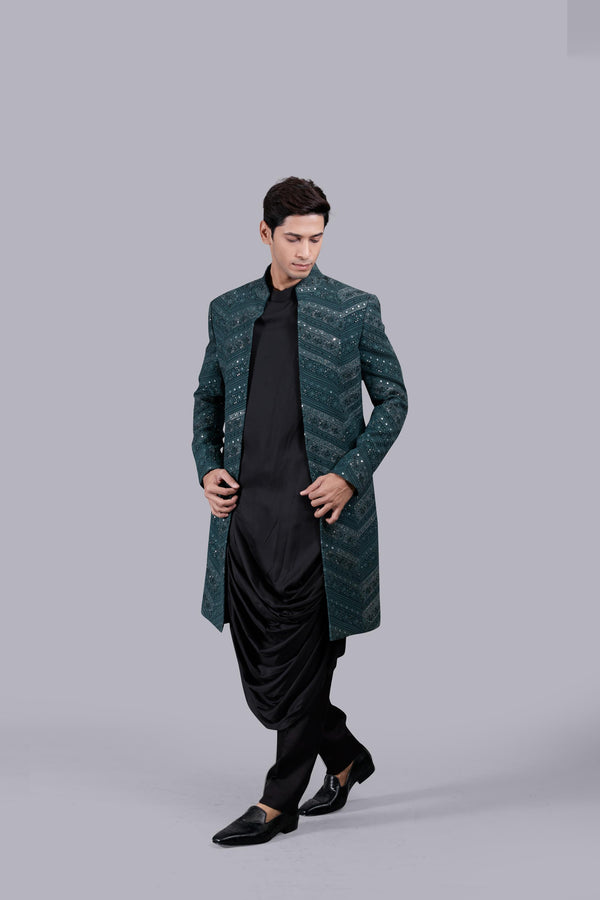 GREEN MODAL SILK THREAD WORK INDO WESTERN