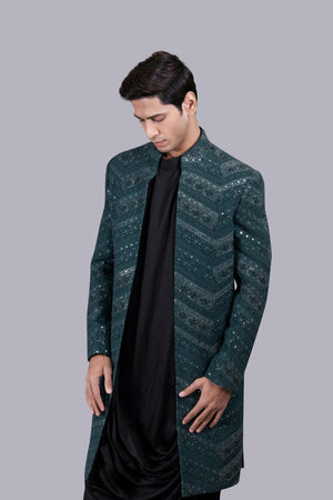 GREEN MODAL SILK THREAD WORK INDO WESTERN