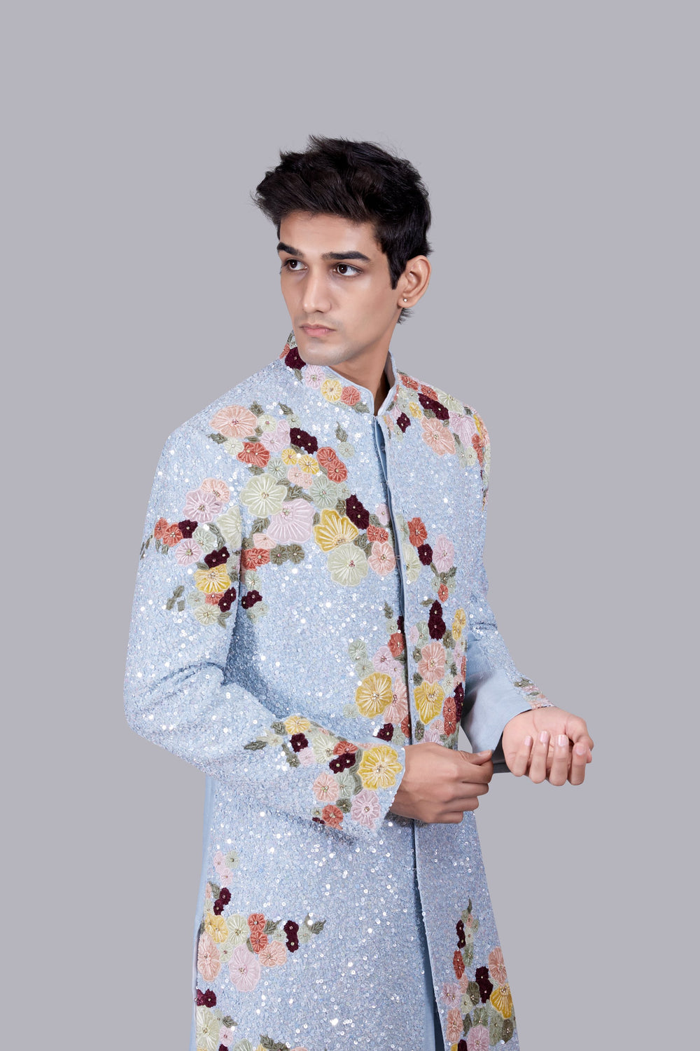 SKY BLUE RAW SILK SEQUENCE WORK INDO WESTERNS